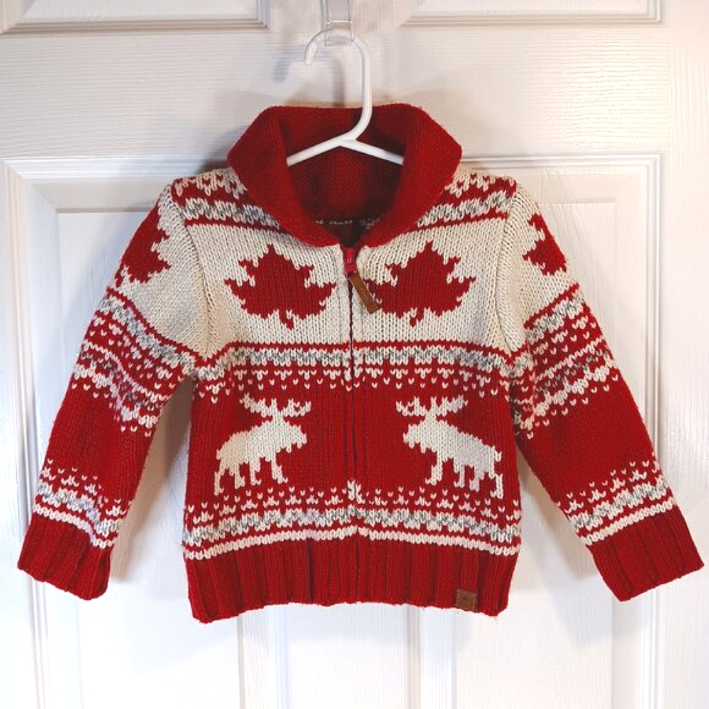 NWOT Canadiana Kids Wool Blend Knit Full Zip Cardigan Sweater Red Cream Size 2T